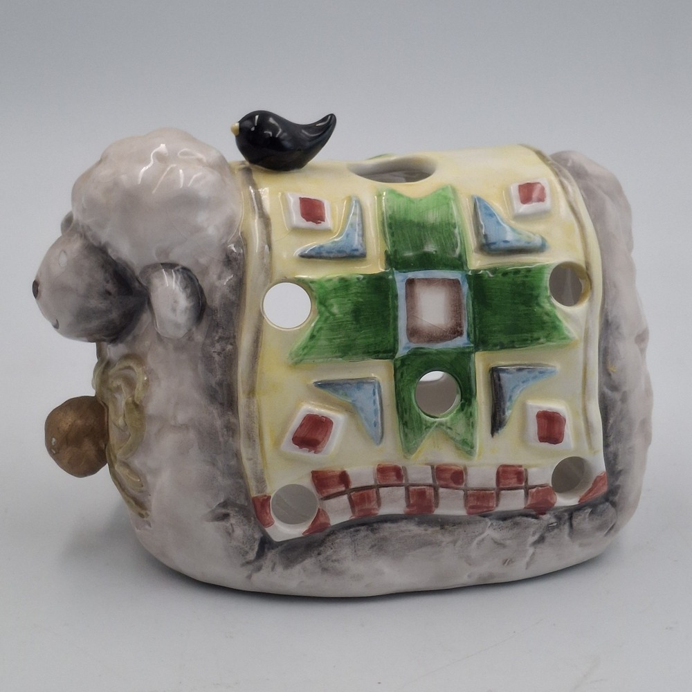 Ganz Ceramic Sheep Tea Light Candle Holder Votive Patchwork Quilt Bird Figurine